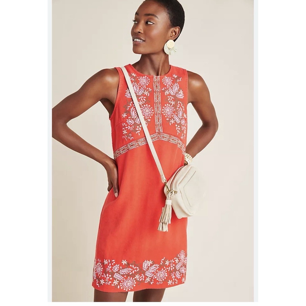 Anthropologie Aiko Red Floral Sz 2 Embroidered Short Sleeve Shift Dress Linen
